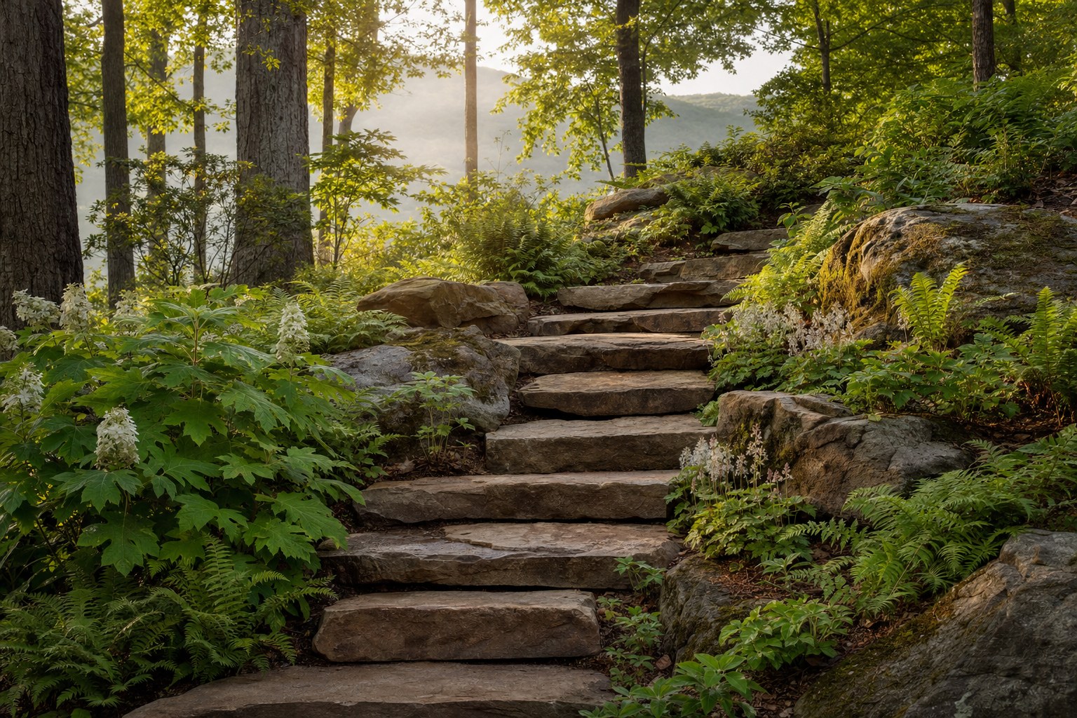 Natural sandstone steps through a lush wooded garden