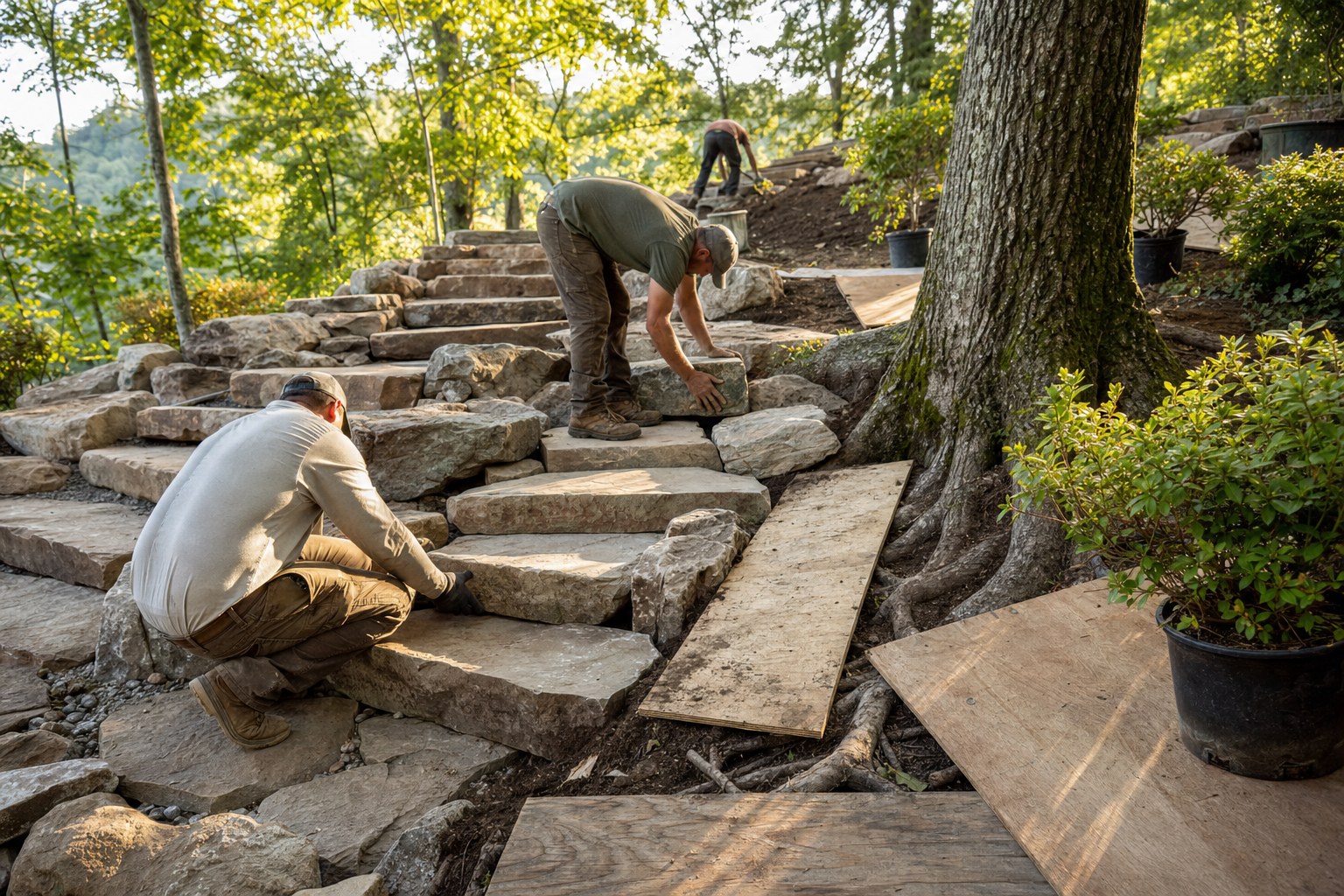Landscape crew building sandstone steps on a wooded slope