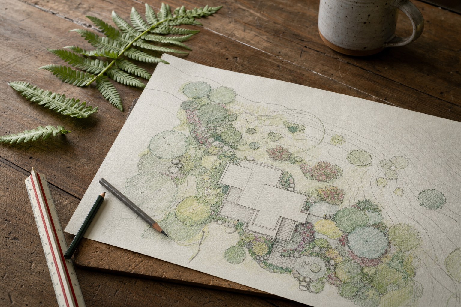 A hand-drawn colored pencil landscape plan on a table