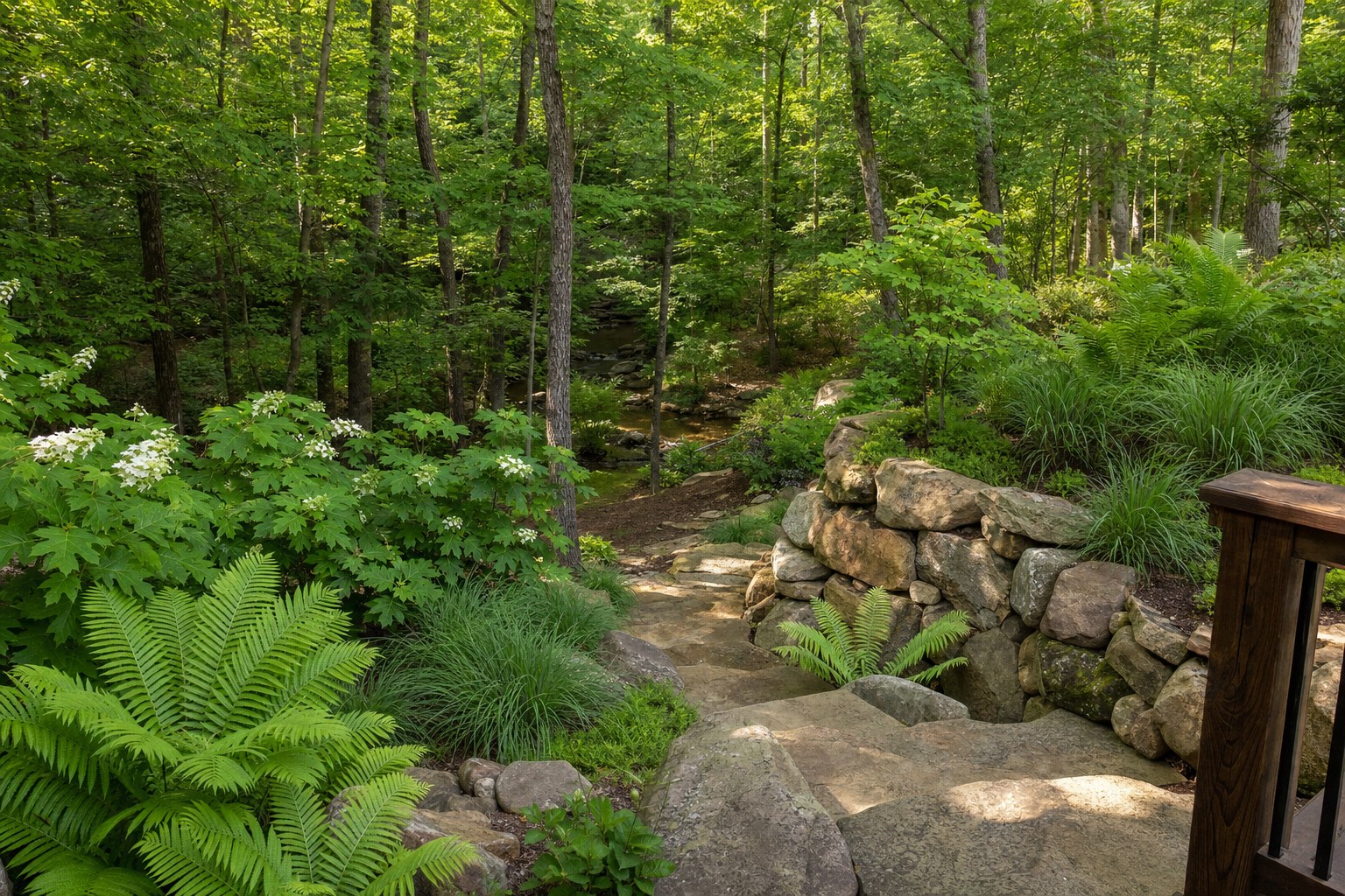 Finished wooded hillside with stone steps and layered planting