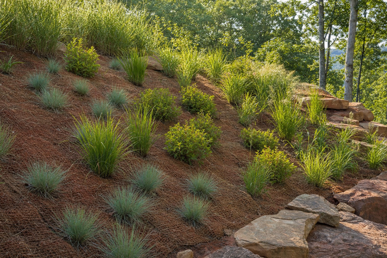 Slope planted through coir erosion matting