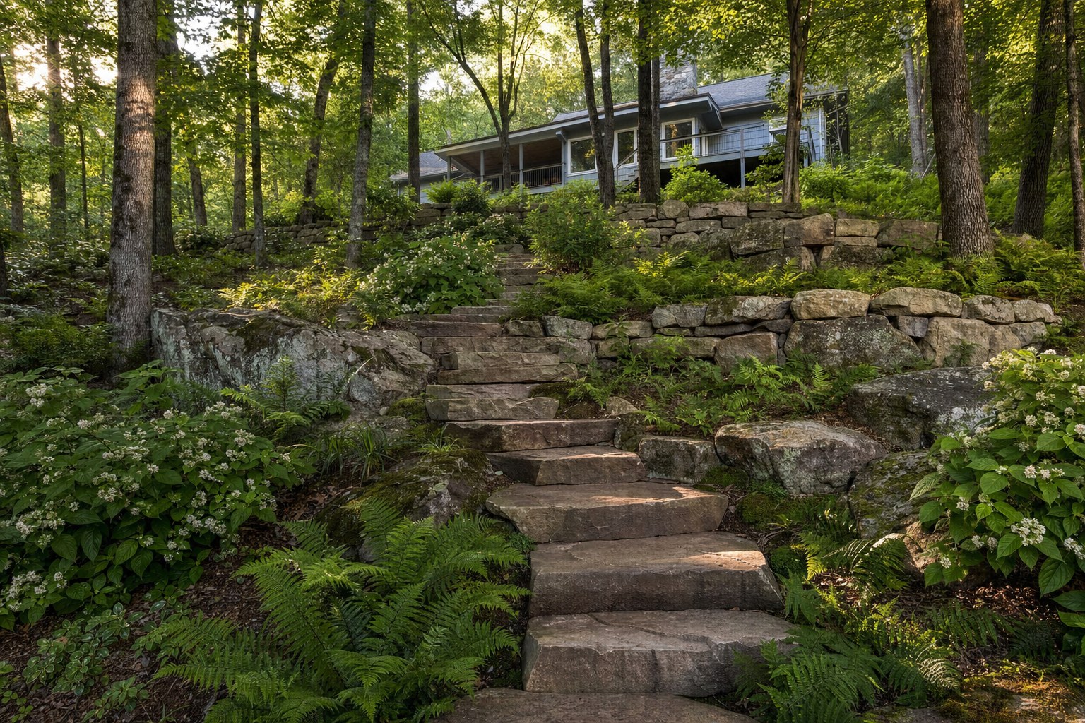 Finished sandstone steps leading uphill from the creek toward the house