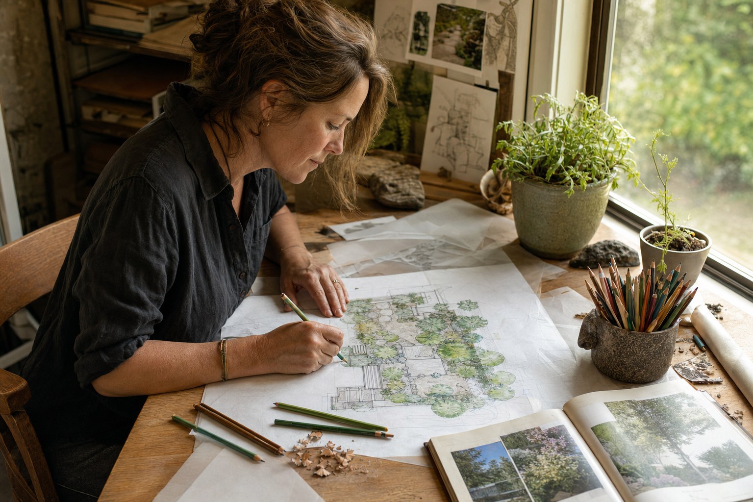Nell coloring a landscape plan with colored pencil at her drafting table