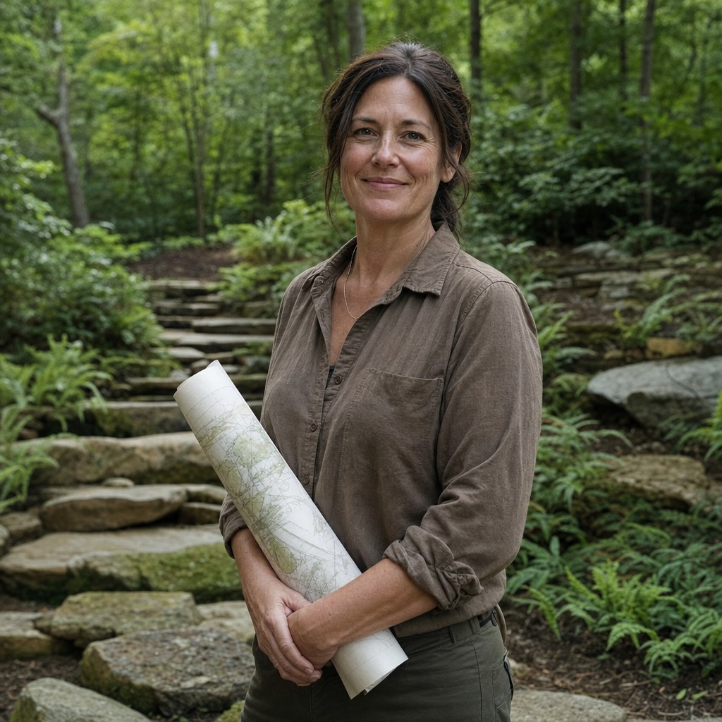 Nell Achterhof in a wooded garden holding a hand-drawn landscape plan