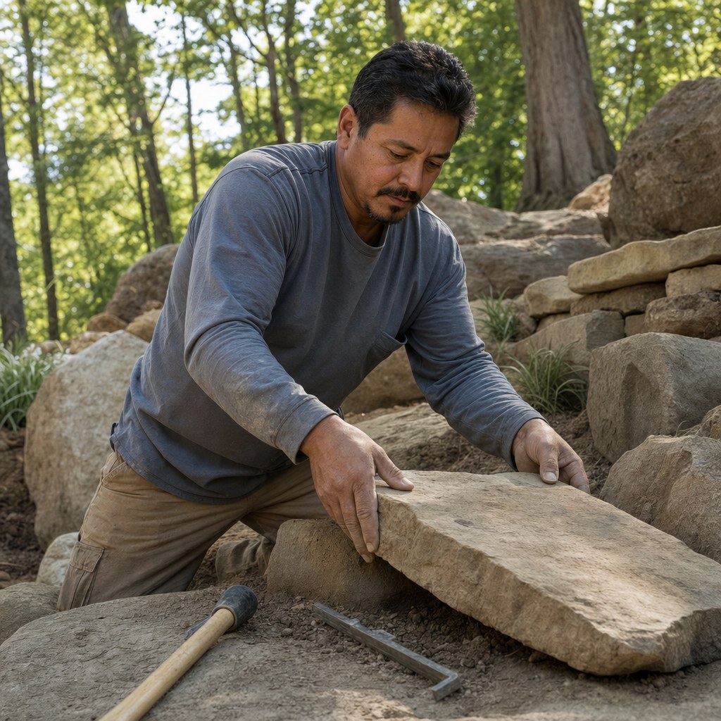 Ramon Ybarra setting a sandstone step on a wooded slope